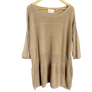 Yoon Beige Cotton Cashmere Blend Pointelle Knit 3/4 Sleeve Tunic Sweater Size L